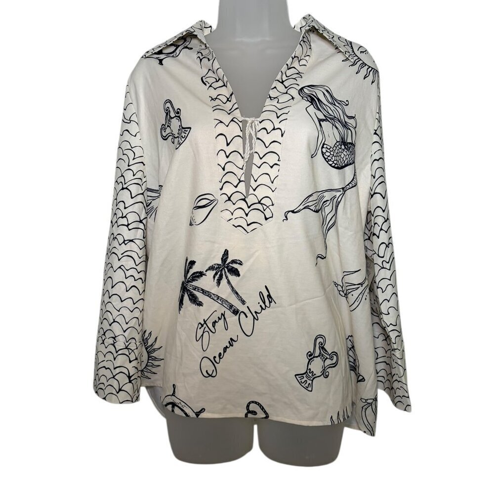 Adyson Parker Beach Print Tunic Top Medium White Black Sample Sale - Picture 4 of 5